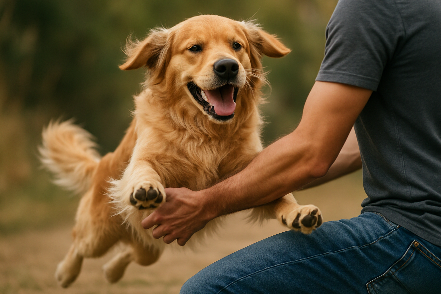 Hond rent blij naar zijn baasje